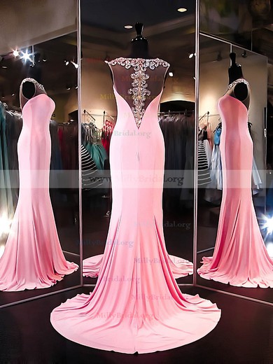 Trumpet/Mermaid Scoop Neck Jersey Sweep Train Beading Prom Dresses #Milly020101172