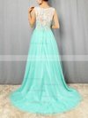 A-line Scoop Neck Lace Tulle Sweep Train Prom Dresses #Milly020101174