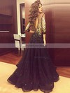 Scoop Neck Black Sweep Train Organza Tulle with Beading 3/4 Sleeve Prom Dress #Milly020101204