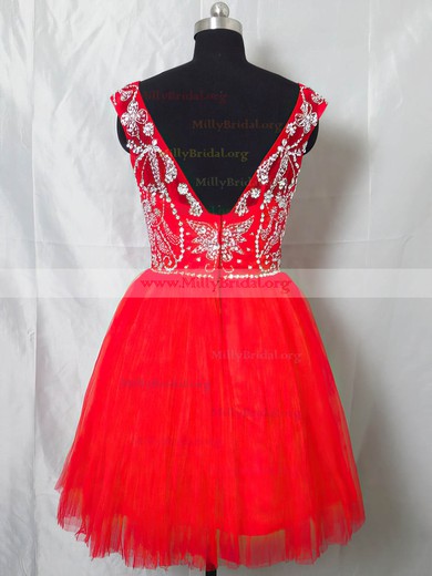 Short/Mini Scoop Neck Tulle Beading Open Back Red Prom Dresses #Milly020101404