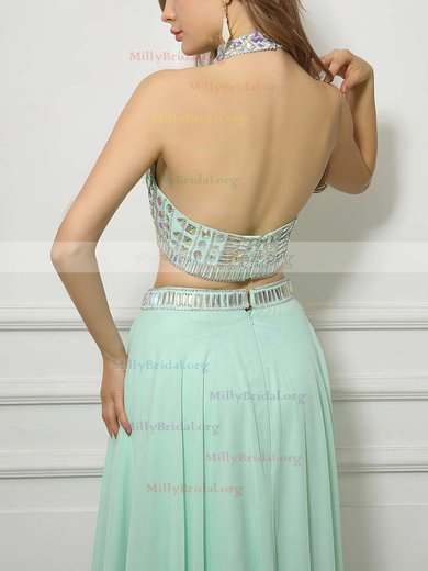 High Neck Backless Chiffon Tulle Floor-length Beading Two Pieces Prom Dresses #Milly020101659