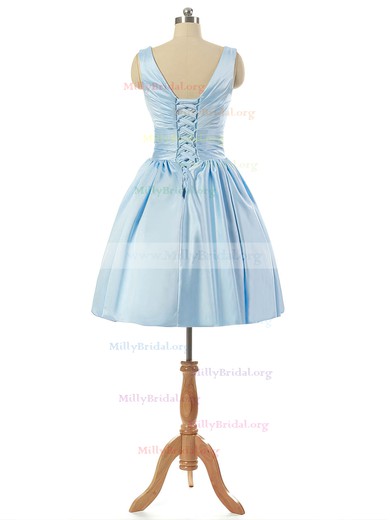V-neck Light Sky Blue Satin Lace-up Pleats Short/Mini Prom Dresses #Milly020101795
