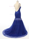 Trumpet/Mermaid Royal Blue Satin Tulle Court Train Beading Backless Prom Dresses #Milly020101829