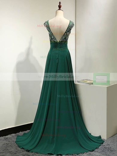 A-line Scoop Neck Chiffon Sweep Train Beading Prom Dresses #Milly020101836