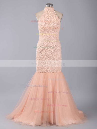 Trumpet/Mermaid High Neck Tulle Sweep Train Pearl Detailing Prom Dresses #Milly020101846