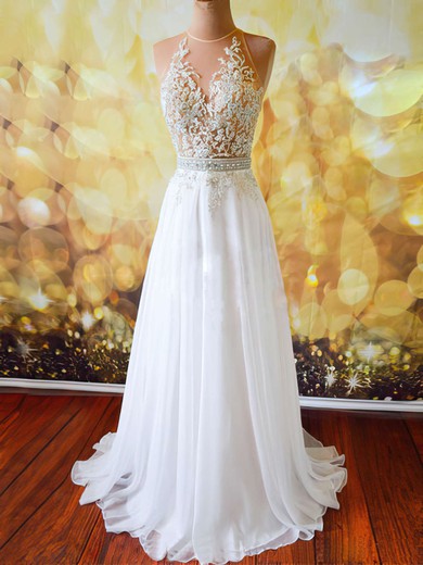 A-line Scoop Neck Chiffon Sweep Train Beading Prom Dresses #Milly020102042