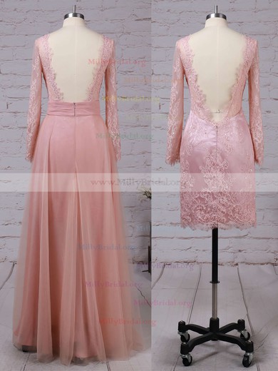 A-line V-neck Tulle Detachable Appliques Lace Prom Dresses #Milly020102076