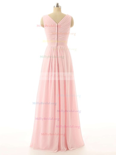 V-neck Chiffon Floor-length with Flower(s) Cheap Pink Bridesmaid Dresses #Milly01012726