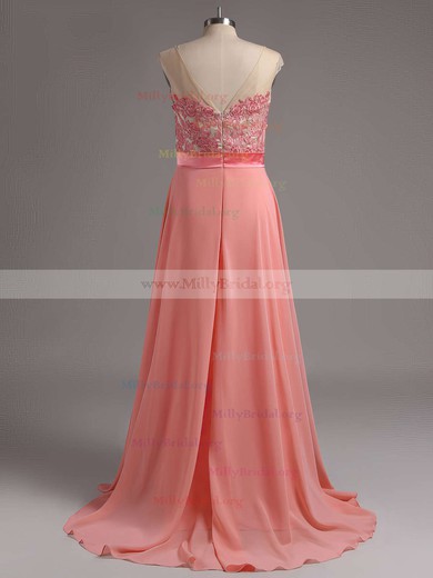 Scoop Neck Chiffon Sweep Train Appliques Lace Modest Bridesmaid Dresses #Milly01012728