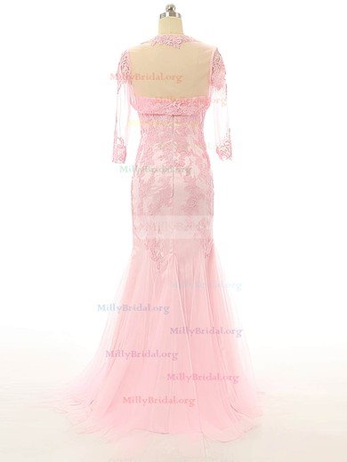 New Arrival Pink Tulle Sweep Train Appliques Lace Trumpet/Mermaid Prom Dress #Milly02023569