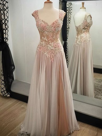 A-line V-neck Tulle Floor-length Appliques Lace Prom Dresses #Milly020102138