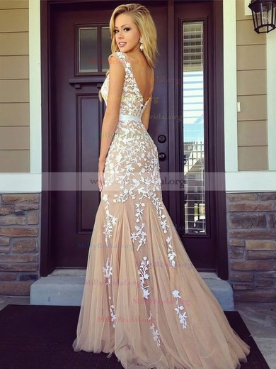 Trumpet/Mermaid Scoop Neck Tulle Sweep Train Appliques Lace Prom Dresses #Milly020102164