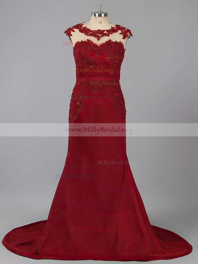 Trumpet/Mermaid Scoop Neck Silk-like Satin Sweep Train Appliques Lace Prom Dresses #Milly020102169