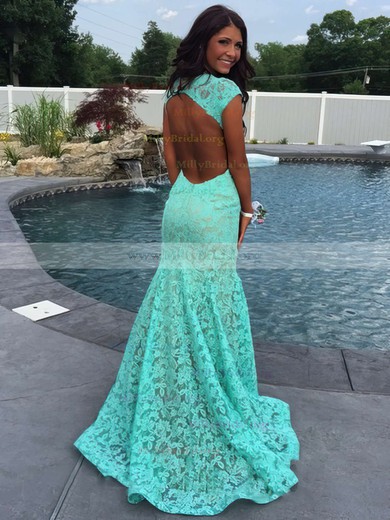 Trumpet/Mermaid V-neck Lace Sweep Train Appliques Lace Prom Dresses #Milly020102172