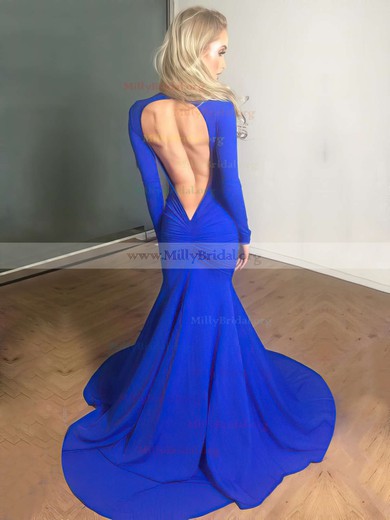 Trumpet/Mermaid V-neck Jersey Court Train Ruffles Prom Dresses #Milly020102179