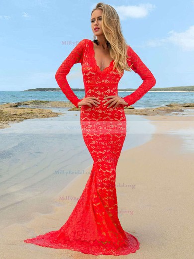 Trumpet/Mermaid V-neck Lace Sweep Train Backless Long Sleeve Prom Dresses #Milly020102199