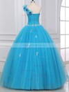 Ball Gown Fashion One Shoulder Blue Tulle Appliques Lace Quinceanera Dresses #Milly02072533