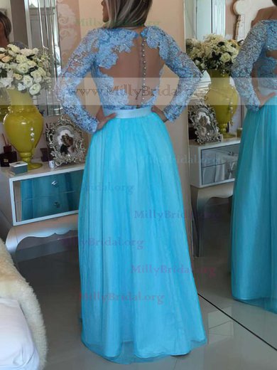 A-line V-neck Lace Chiffon Floor-length Sashes / Ribbons Prom Dresses #Milly020102323