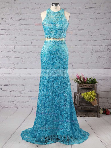 Trumpet/Mermaid Scoop Neck Lace Sweep Train Appliques Lace Prom Dresses #Milly020102334