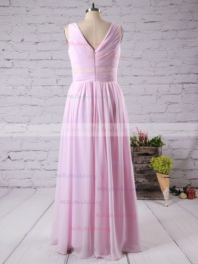 V-neck Pink Chiffon Floor-length with Ruffles Trendy Bridesmaid Dress #Milly01012771