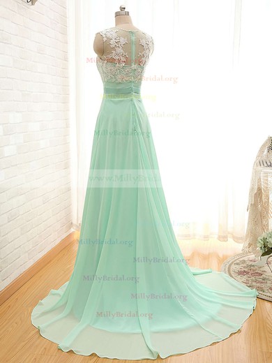 Scoop Neck Chiffon Court Train Appliques Lace Elegant Bridesmaid Dresses #Milly01012804