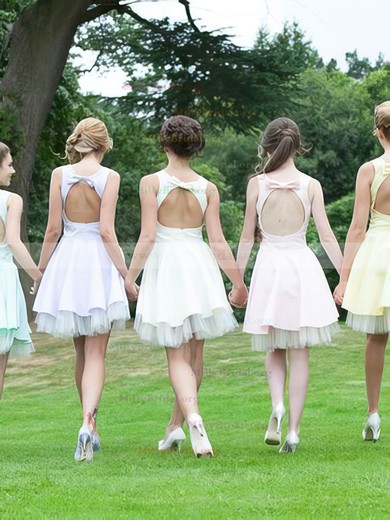A-line Satin Tulle Short/Mini with Bow Open Back Bridesmaid Dresses #Milly01012816