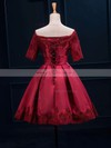 A-line Scalloped Neck Satin Short/Mini Appliques Lace Prom Dresses #Milly020102397