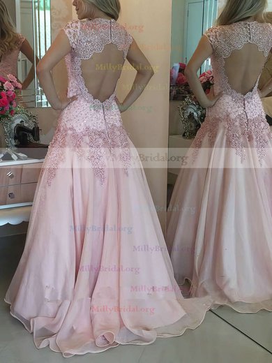 A-line High Neck Tulle Floor-length Appliques Lace Prom Dresses #Milly020102398