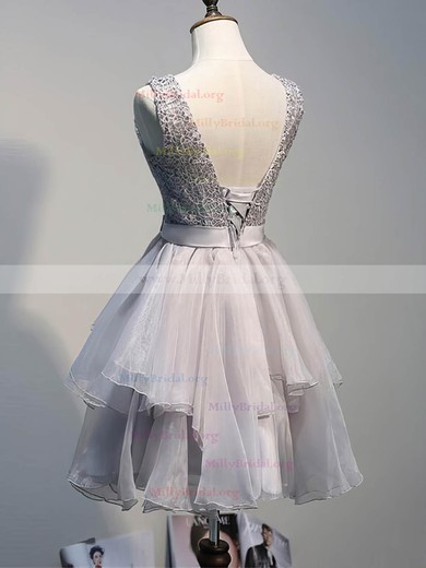 A-line Scoop Neck Lace Organza Short/Mini Sashes / Ribbons 2016 Prom Dresses #Milly020102423