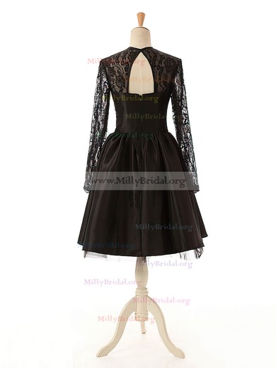 Elegant A-line Scoop Neck Lace Tulle Silk-like Satin Knee-length Long Sleeve Black Homecoming Dresses #Milly020102516