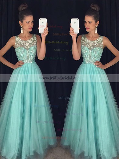 Princess Scoop Neck Tulle Floor-length Beading Prom Dresses #Milly020102437