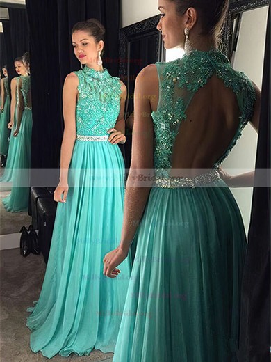 A-line High Neck Chiffon Floor-length Beading Prom Dresses #Milly020102443