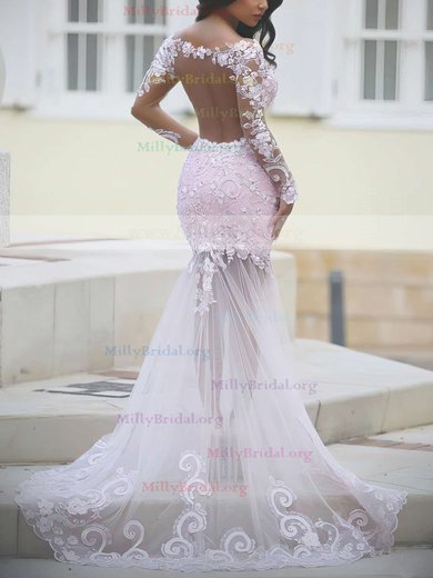 New Trumpet/Mermaid Scoop Neck Tulle Sweep Train Appliques Lace Long Sleeve Prom Dresses #Milly020102452