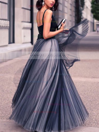 Princess V-neck Satin Tulle Floor-length Pleats Prom Dresses #Milly020102454