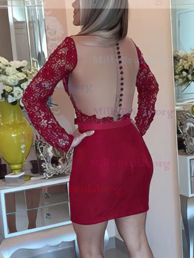 Sheath/Column V-neck Lace Short/Mini Sashes / Ribbons Burgundy Long Sleeve Prom Dress #Milly020102458