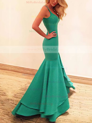 Trumpet/Mermaid V-neck Silk-like Satin Asymmetrical Prom Dresses #Milly020102466