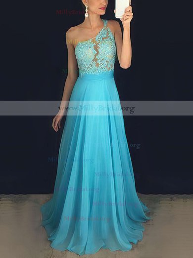 A-line One Shoulder Chiffon Sweep Train Appliques Lace Prom Dresses #Milly020102512