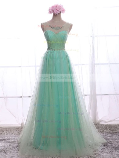 A-line Scoop Neck Tulle Floor-length Beading Prom Dresses #Milly020102586