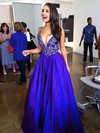 A-line V-neck Satin Sweep Train Beading Prom Dresses #Milly020102608