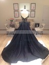 A-line V-neck Satin Sweep Train Beading Prom Dresses #Milly020102608