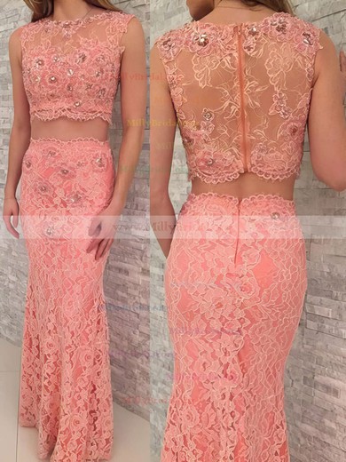 Sheath/Column Scoop Neck Lace Sweep Train Appliques Lace Prom Dresses #Milly020102615