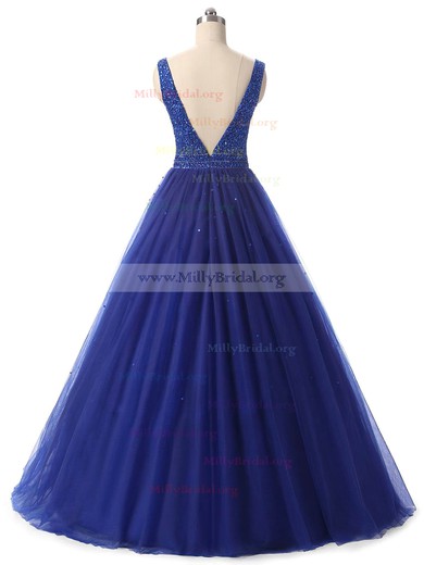 Ball Gown V-neck Floor-length Tulle Beading Prom Dresses #Milly020102689