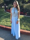 A-line Scoop Neck Chiffon Ankle-length Appliques Lace Prom Dresses #Milly020102693