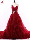 Princess V-neck Tulle Court Train Appliques Lace Burgundy New Arrival Prom Dresses #Milly020102646