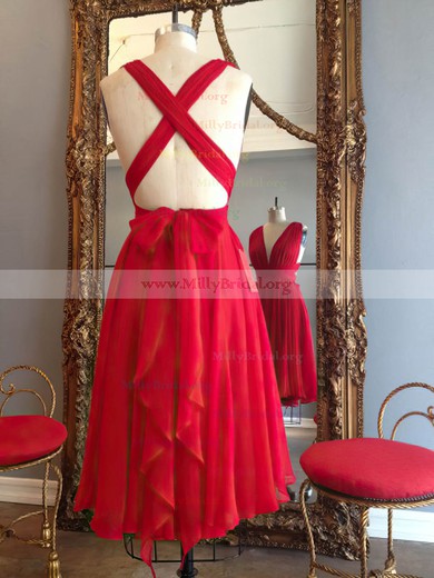 Hot A-line V-neck Chiffon Knee-length Ruffles Red Backless Prom Dresses #Milly020102648