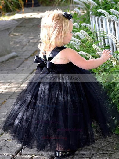 Cute Princess Square Neckline Tulle Tea-length Flower(s) Black Flower Girl Dresses #Milly01031907