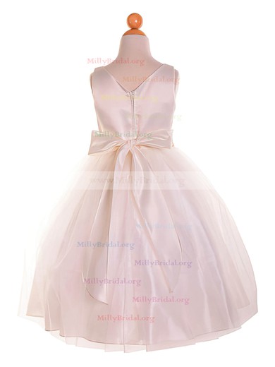 A-line Scoop Neck Tulle Tea-length Bow Beautiful Flower Girl Dresses #Milly01031910