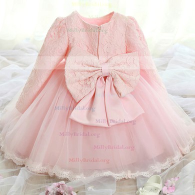 Ball Gown Scoop Neck Lace Tulle Ankle-length Bow Long Sleeve Flower Girl Dresses #Milly01031921