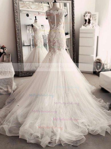 Trumpet/Mermaid Scoop Neck Tulle Chapel Train Appliques Lace Ivory Latest Wedding Dresses #Milly00022554