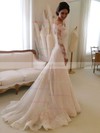 Online A-line Off-the-shoulder Lace Tulle Watteau Train Appliques Lace Long Sleeve Wedding Dress #Milly00022557